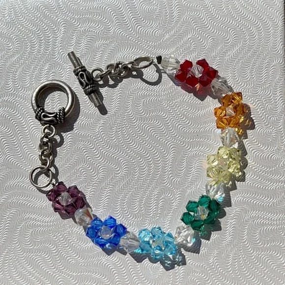 Handmade Swarovski Crystal flower rainbow pride bracelet - Picture 10 of 14